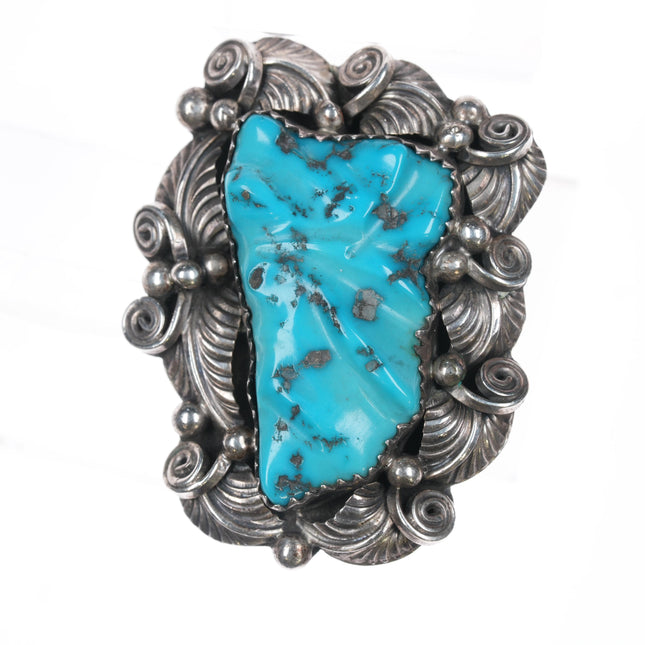 sz6.5 Delbert Gordon Navajo silver carved Kingman turquoise ring