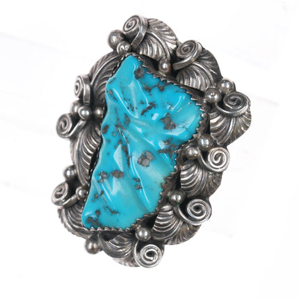 sz6.5 Delbert Gordon Navajo silver carved Kingman turquoise ring