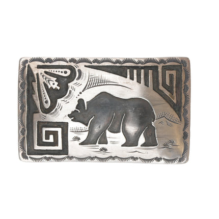 Vintage Native American sterling belt buckle with overlay bear