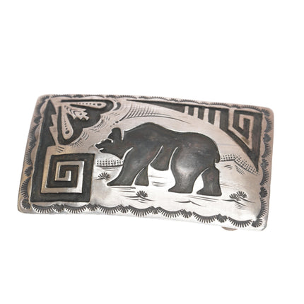 Vintage Native American sterling belt buckle with overlay bear