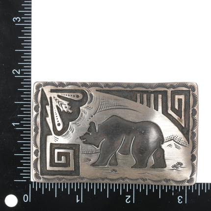 Vintage Native American sterling belt buckle with overlay bear