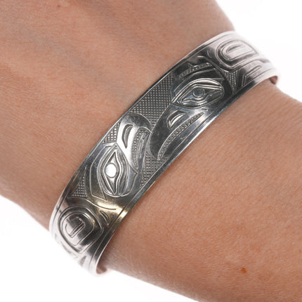 7" Jenny Lyn Smith Tlingit Alaskan Hand Carved Sterling cuff bracelet