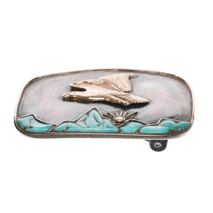 c1980 Heavy 14k/Sterling/.26ct Diamond turquoise Eagle belt buckle