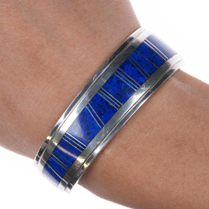 6" Antonio Yazzie Navajo sterling high grade lapis channel inlay cuff bracelet