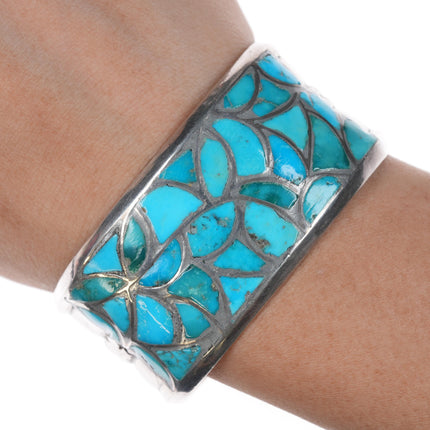 6.5" Alice Leekya Homer sterling fishscale turquoise channel inlay cuff bracelet