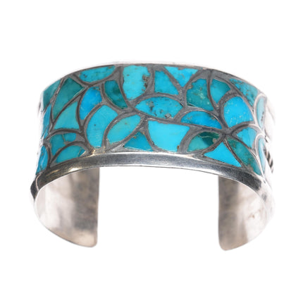 6.5" Alice Leekya Homer sterling fishscale turquoise channel inlay cuff bracelet