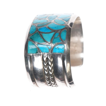 6.5" Alice Leekya Homer sterling fishscale turquoise channel inlay cuff bracelet