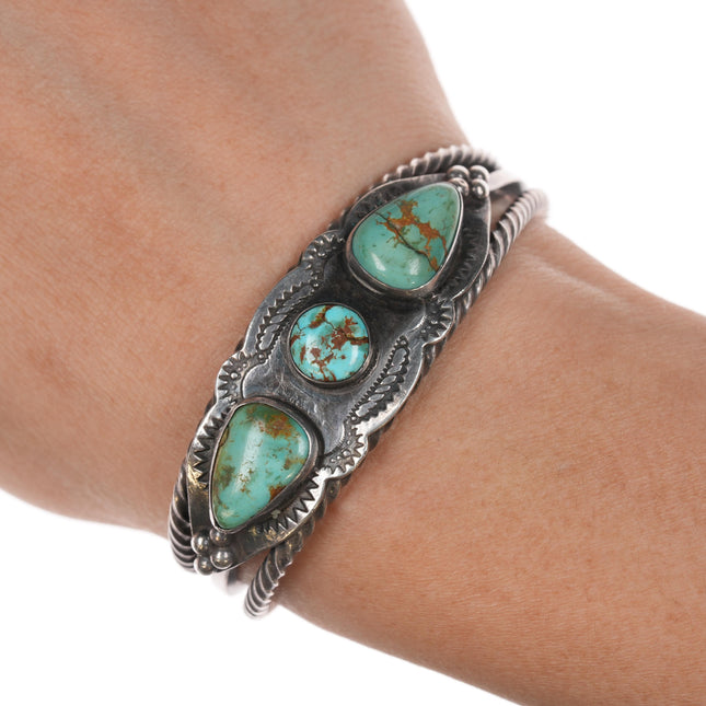 6.25" c1930's Navajo stamped silver twisted wire cuff bracelet with turquoise