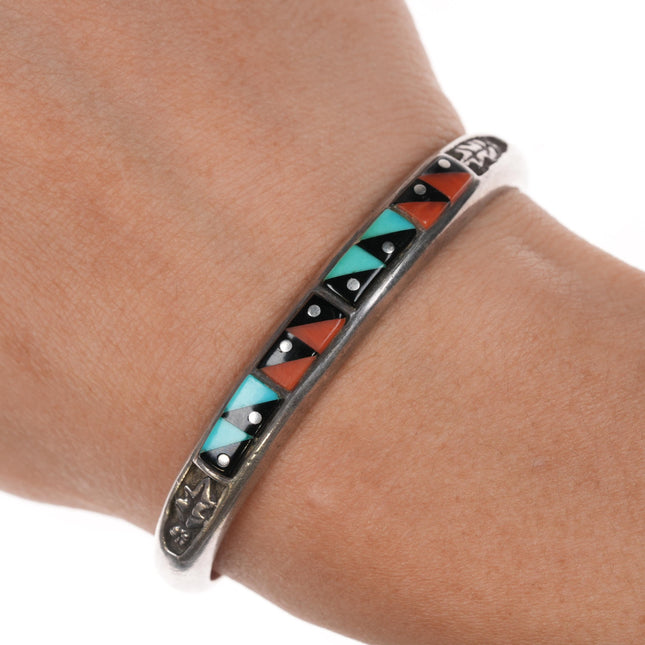 6" VB Vintage Native American silver, turquoise, coral, and Jet cuff bracelet