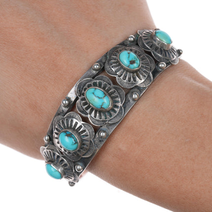 6.5" 20's-30's Navajo Ingot silver hand stamped conchos turquoise cuff bracelet