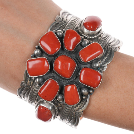 7" Michael and Rosita Calladitto Apache Heavy sterling and Mediterranean coral cuff bracelet