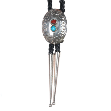 Nel J Navajo sterling, turquoise, and coral bolo tie