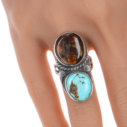 sz7 Chief Wolf Robe Hunt (1905-1977) Acoma silver, Fire Agate, and turquoise ring