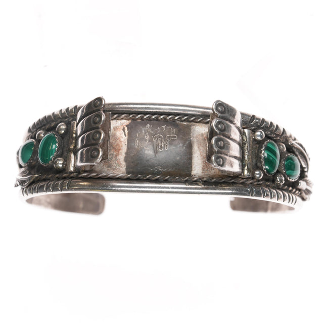 7" 70's-80's JL Navajo sterling and malachite watch cuff bracelet