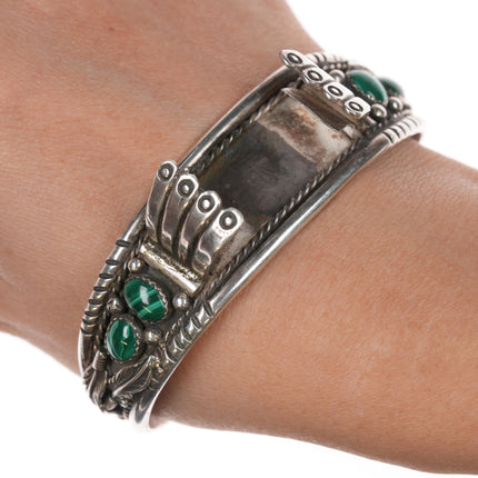 7" 70's-80's JL Navajo sterling and malachite watch cuff bracelet