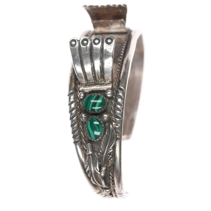 7" 70's-80's JL Navajo sterling and malachite watch cuff bracelet