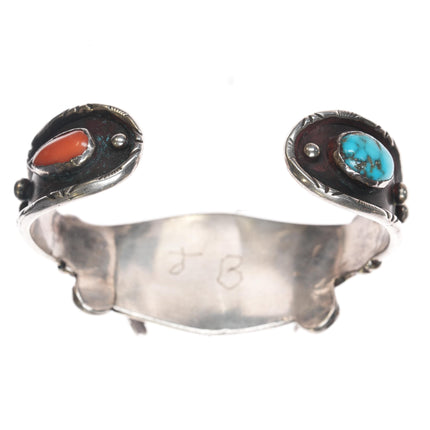 6 5/8" 1970's JB native American sterling, coral, and turquoise watch cuff bracelet