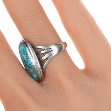 sz7 30's-40's Navajo silver spiderweb turquoise ring