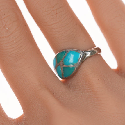 sz6.25 Vintage Zuni fishscale turquoise channel inlay silver ring