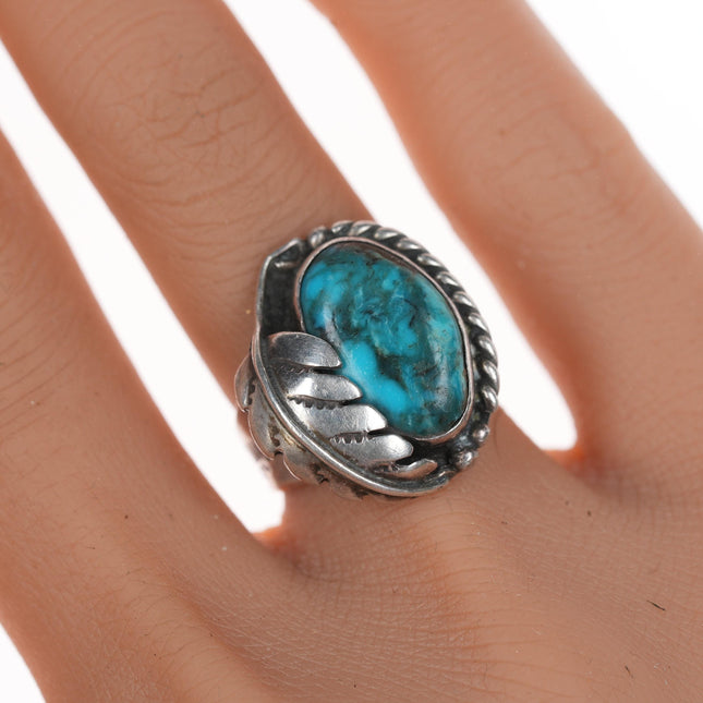 sz5 Vintage Native American silver and turquoise ring with stamped feather shank