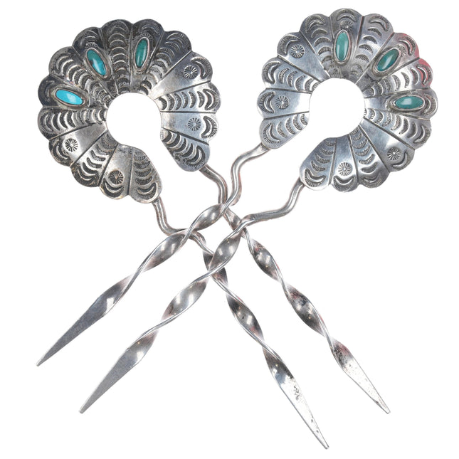 2 Vintage Navajo stamped silver and turquoise hair pins