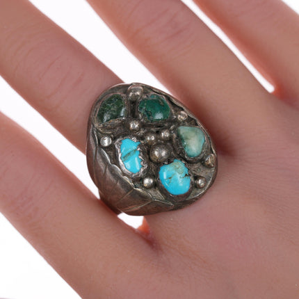 sz13 Large Robert Shakey Navajo silver and turquoise cluster ring