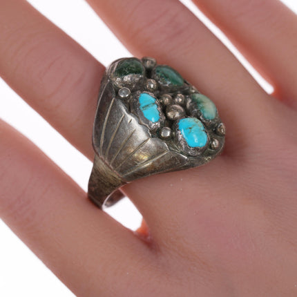 sz13 Large Robert Shakey Navajo silver and turquoise cluster ring