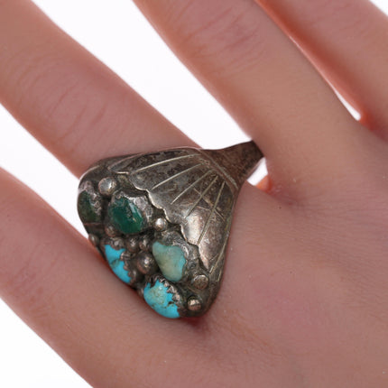 sz13 Large Robert Shakey Navajo silver and turquoise cluster ring