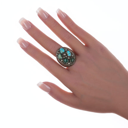 sz13 Large Robert Shakey Navajo silver and turquoise cluster ring