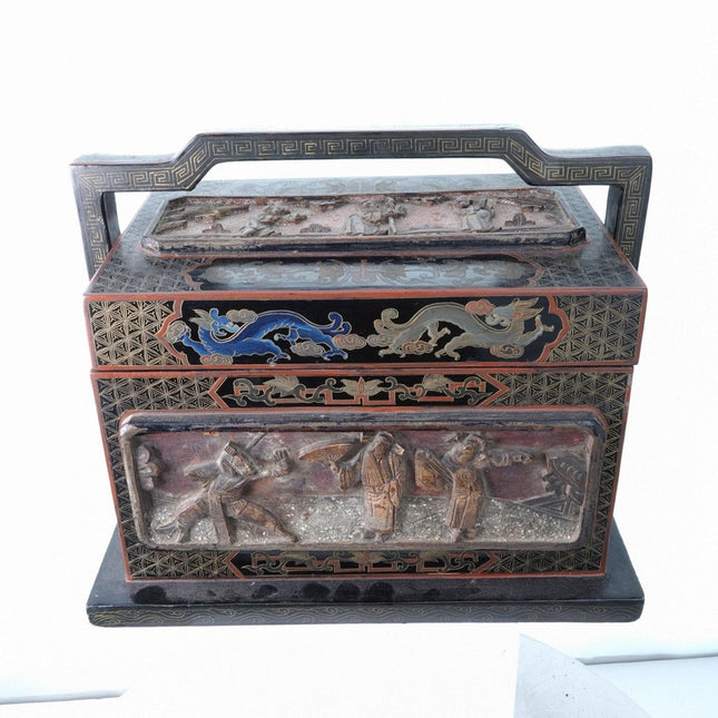 Antique Chinese Handled Box with Mica Inset Wood Carvings