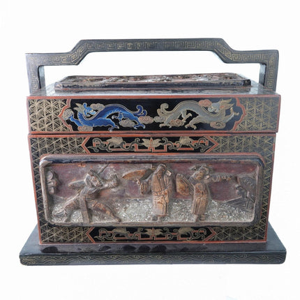 Antique Chinese Handled Box with Mica Inset Wood Carvings