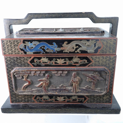 Antique Chinese Handled Box with Mica Inset Wood Carvings