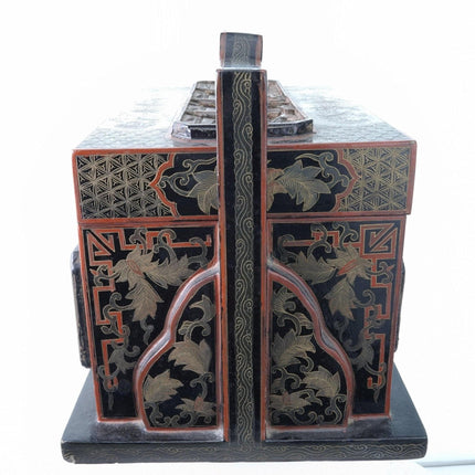 Antique Chinese Handled Box with Mica Inset Wood Carvings