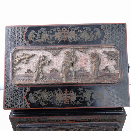 Antique Chinese Handled Box with Mica Inset Wood Carvings