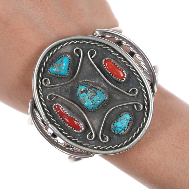 7" Vintage Native American large Silver, turquoise, and coral cuff bracelet