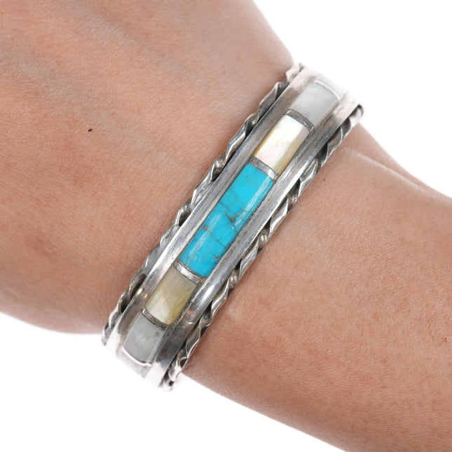 6.25" Vintage Zuni Turquoise and Shell channel inlay silver cuff bracelet