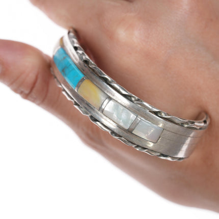 6.25" Vintage Zuni Turquoise and Shell channel inlay silver cuff bracelet