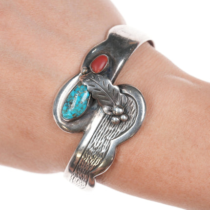 6.5" Roy Vandever (1936-2009) Silver turquoise, and coral cuff bracelet