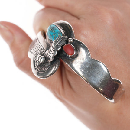 6.5" Roy Vandever (1936-2009) Silver turquoise, and coral cuff bracelet