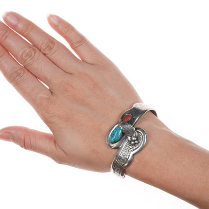 6.5" Roy Vandever (1936-2009) Silver turquoise, and coral cuff bracelet