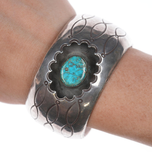 6.75" Vintage Native American Silver Shadowbox cuff bracelet with turquoise