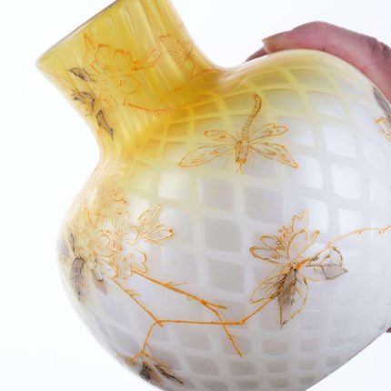 c1890 Hand Painted Yellow Mother of pearl glass vase