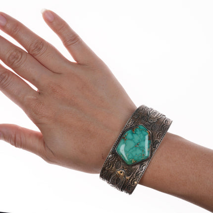 7 1/8" 40's-50's Navajo Curio Thunderbird Heavy stamped cuff bracelet with turquoise