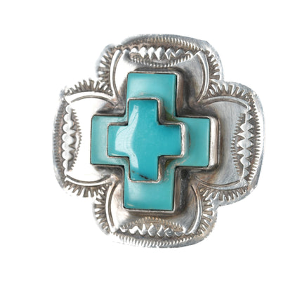 sz10 Adjustable Dean Sandoval Jr Navajo Sterling and turquoise double stack cross ring