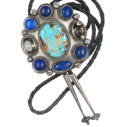 Large c1970 Native American Sterling, turquoise, lapis, & smoky quartz bolo tie