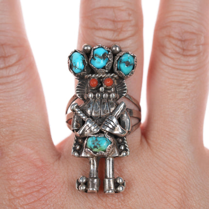 sz10.25" c1970's LS Benally Navajo silver kachina ring with turquoise/coral