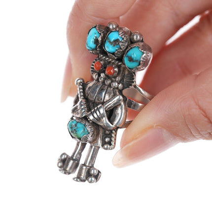 sz10.25" c1970's LS Benally Navajo silver kachina ring with turquoise/coral