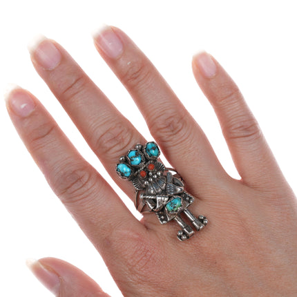 sz10.25" c1970's LS Benally Navajo silver kachina ring with turquoise/coral