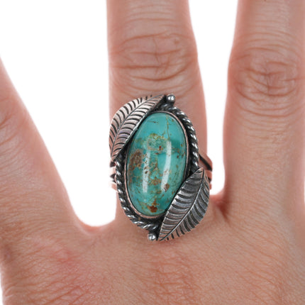 sz8 Vintage Native American turquoise silver feather ring