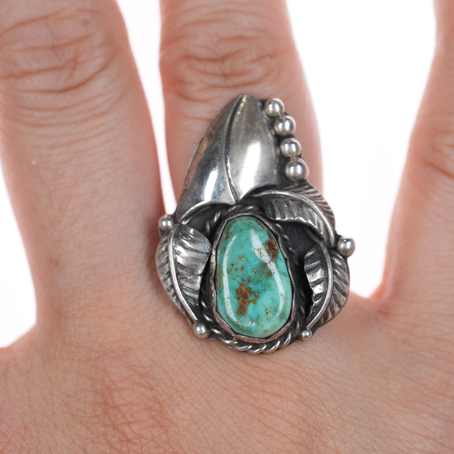 sz6 Vintage Native American silver and turquoise feather ring